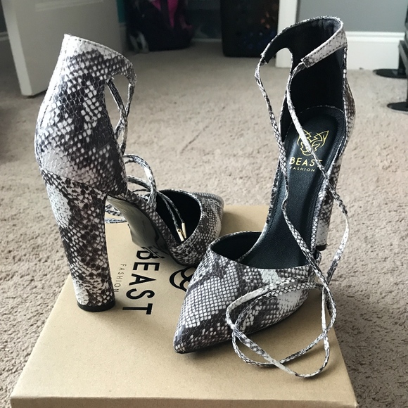 black and white snakeskin heels